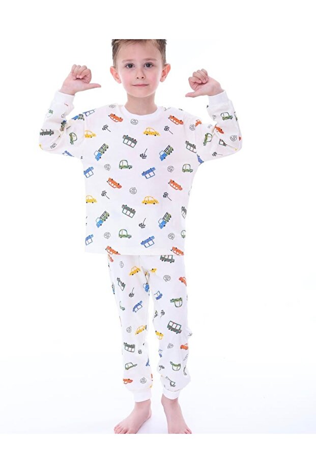 Boy's Car Patterned Corded Fabric Interlock Fabric Long Sleeve Pajama Set