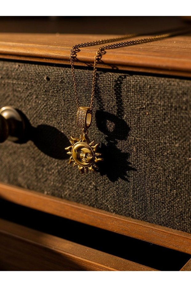 Stone Gold Steel Necklace with Sun and Moon Detail
