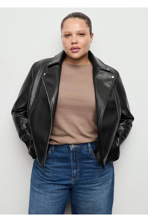 Deri görünümlü biker ceket - 8
