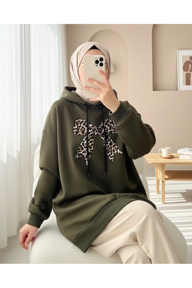 Bow Detailed Hooded Combed Cotton Sweatshirt - Khaki