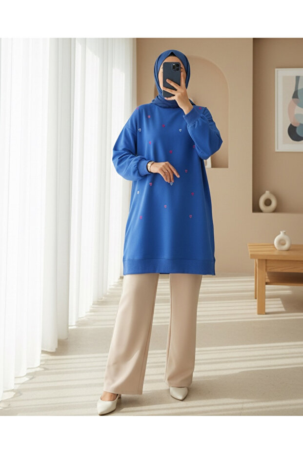 Round Neck Heart Patterned Combed Cotton Tunic - Blue