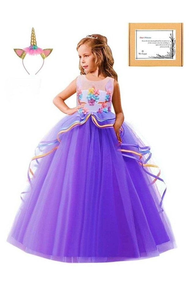 Girls Floral Unicorn Costume Princess Rainbow Maxi Party Dress