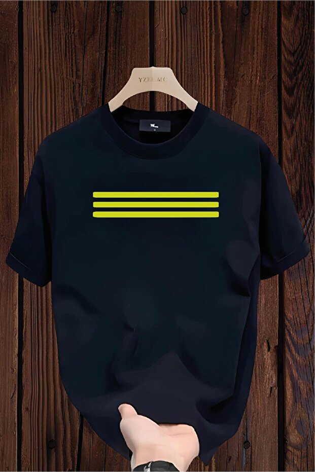 3 Lines Printed White Black Color Men's T-Shirt