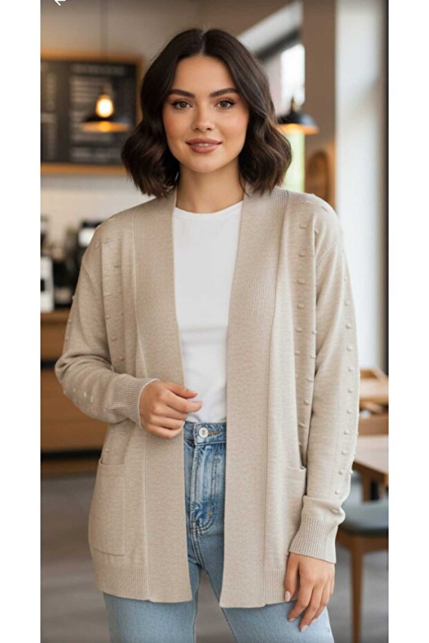 Long Sleeve Cardigan with Belt, Front Patterned, Length 85cm, Knitwear Cardigan
