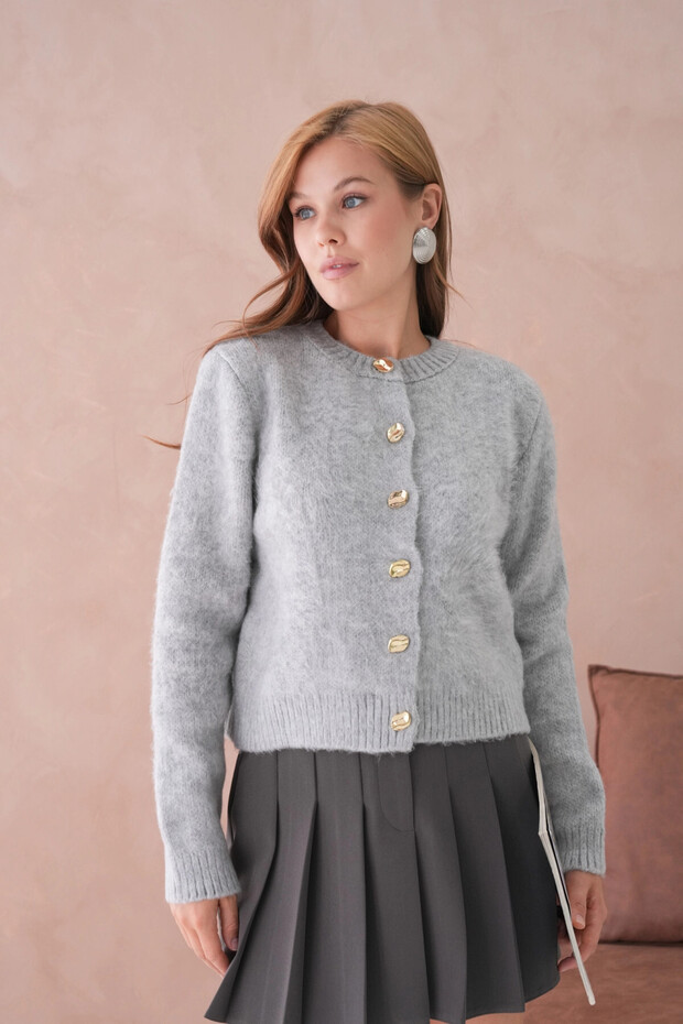 Women's Crew Neck Button Detailed Soft Textured Fleece-Lined Knitwear Jacket