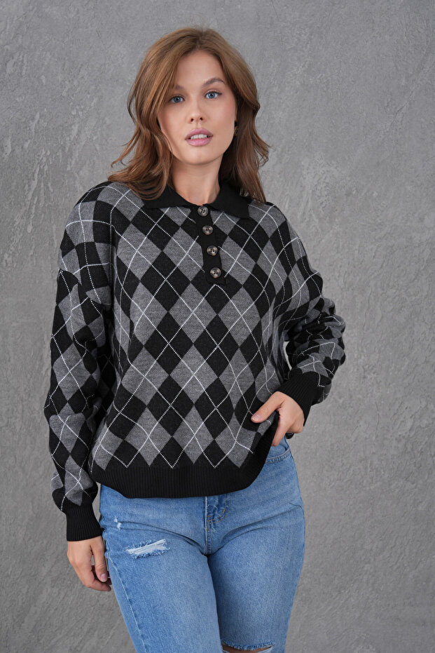 Women's Polo Neck Half Placket Button Detail Patterned Oversized Knitwear Sweater
