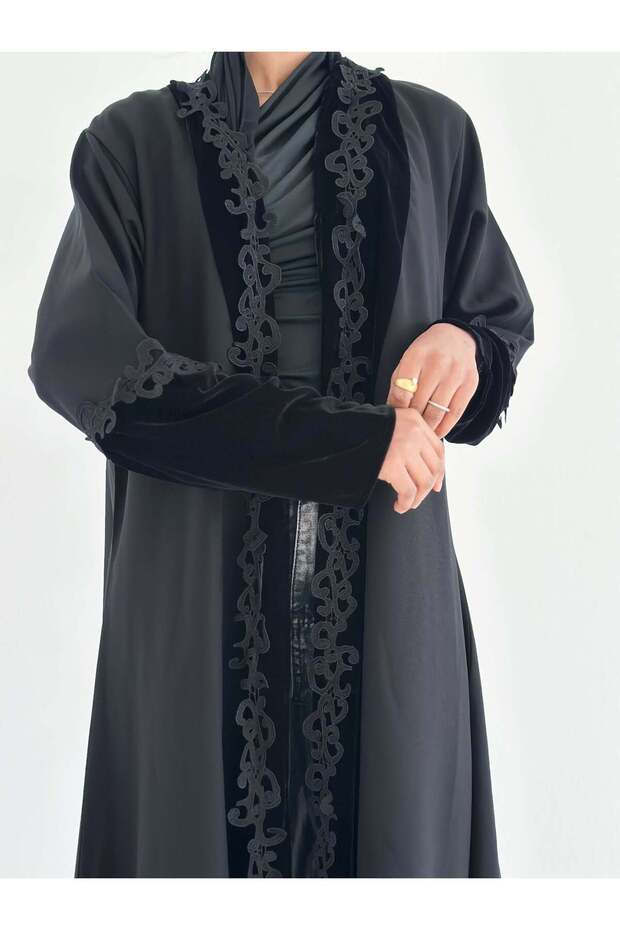 mw1838 Black velvet abaya with linen and added trim