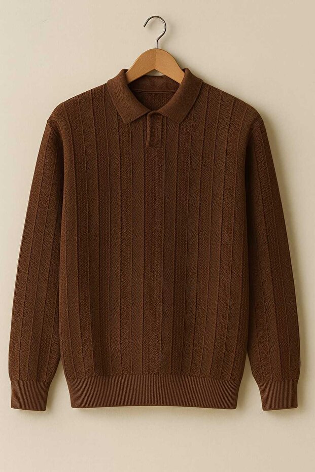Polo Open Collar Stripe Patterned Old Money Slim Fit Knitted High Quality Soft Long Sleeve Men's Sweater