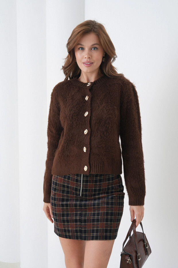 Women's Crew Neck Button Detailed Soft Textured Fleece-Lined Knitwear Jacket