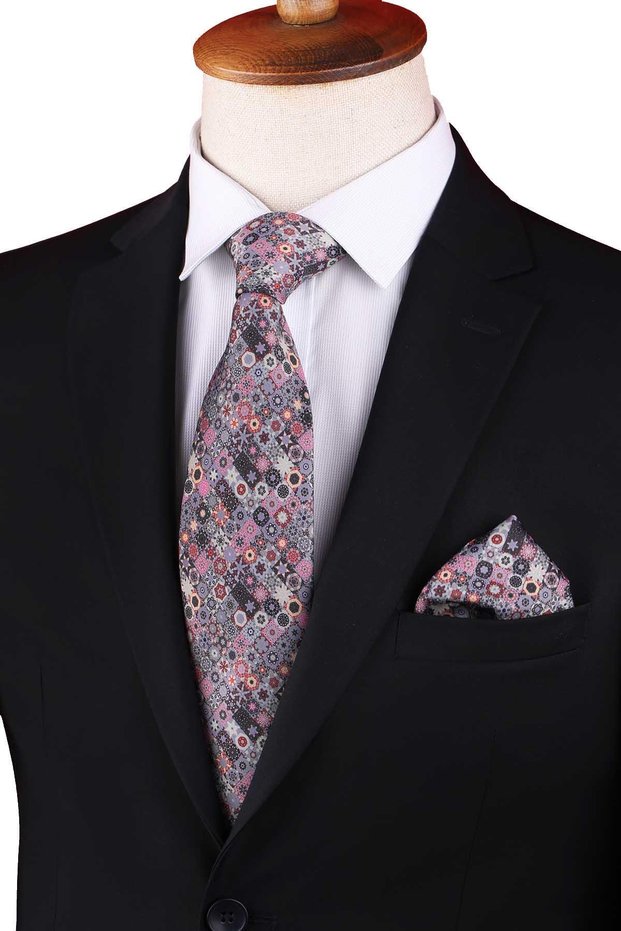 Gray - Multicolored Motif Pattern Printed Classic Handkerchief Tie Kk13338