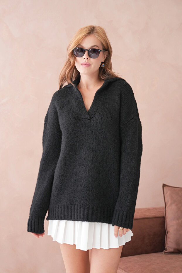 Women's Polo Neck Soft Textured Oversized Knitwear Sweater