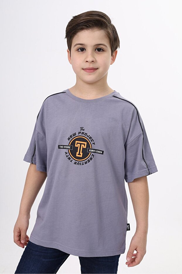 Boy's Printed Crew Neck Short Sleeve T-Shirt - Piped Detail