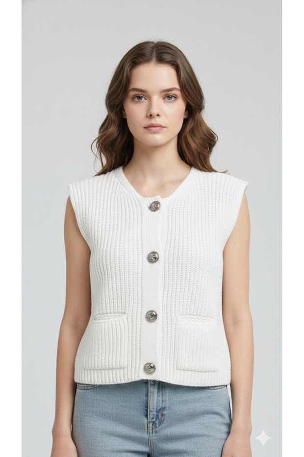 Knitted Sweater Vest | Stylish and Warm Women's Knit Vest with Buttons and Pocket Detail