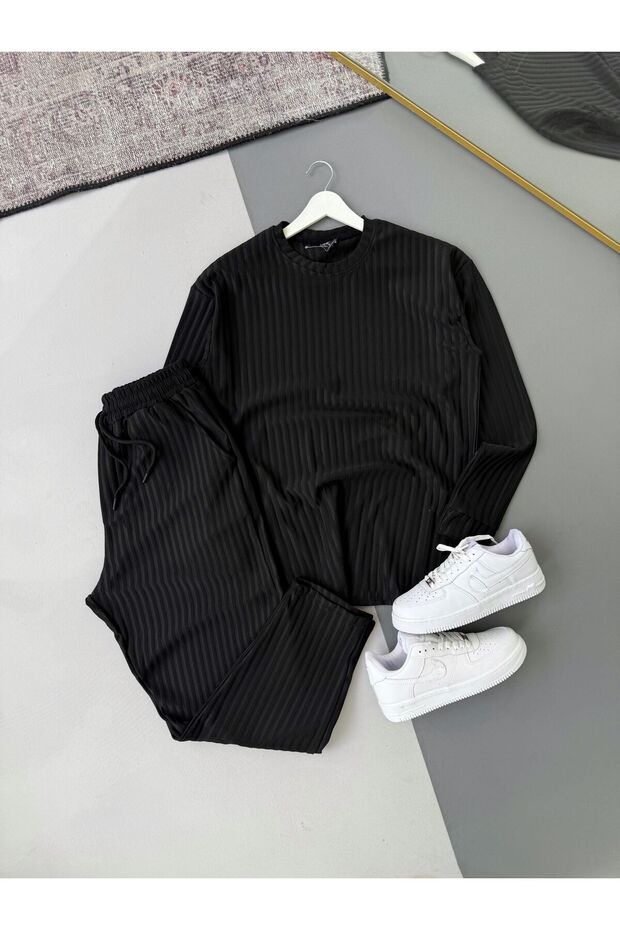 Men's Vertical Striped Stretch Fabric Ottoman Black Sweatshirt Black Trousers 2-Piece Set