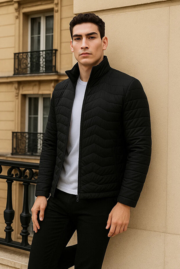 Erkek Premium Basic Kapitone Siyah Şişme Mont - 4