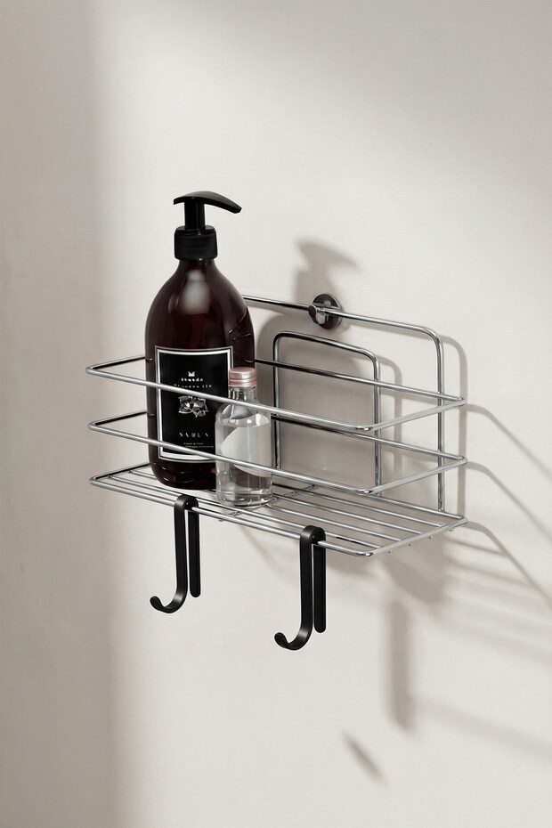 Single Chrome Adhesive Bathroom Shelf + Set of 2 Hanger Hooks – Metal Shower Shampoo Holder (Adhesive/V