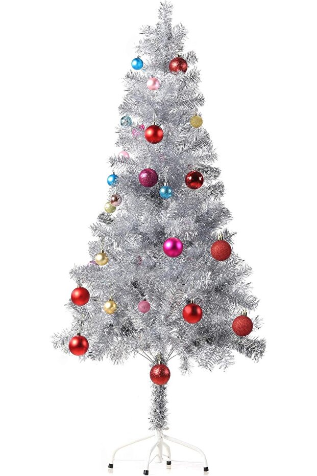 Tinsel Christmas Tree with 24ct Assorted Ornament Set, Metal Stand, Easy Assembly 5 ft Silver