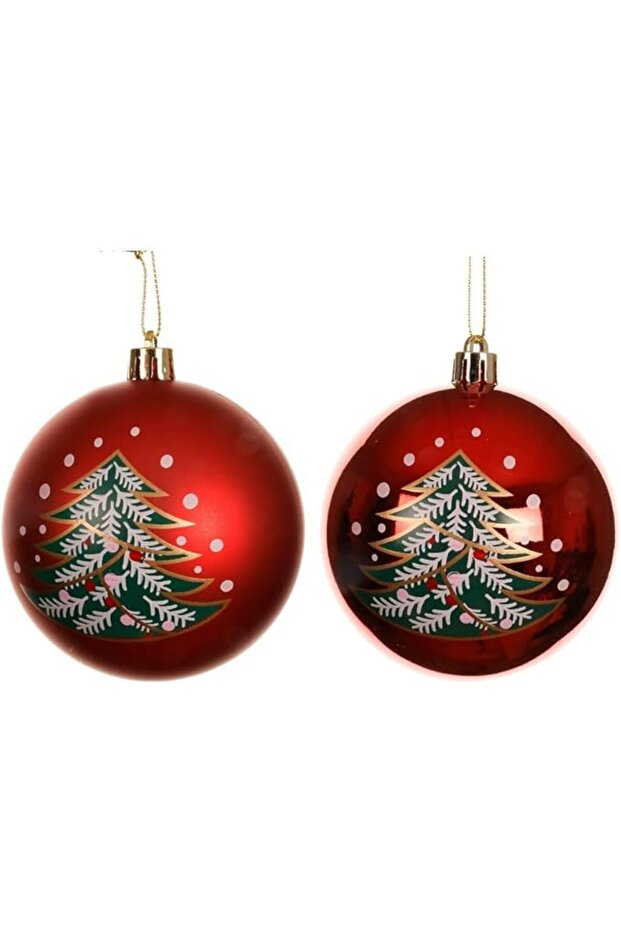 Red Christmas Bauble Polystyrene Shiny & Matte Ornament with Tree & Dot Painting for Indoor & Outdoo