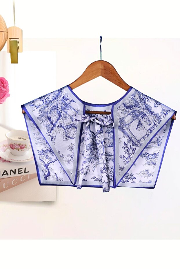 Artistic Style Pastoral Patterned Scarf Collar | Monochrome Toile De Jouy Patterned Special Cut Shoulder Shawl