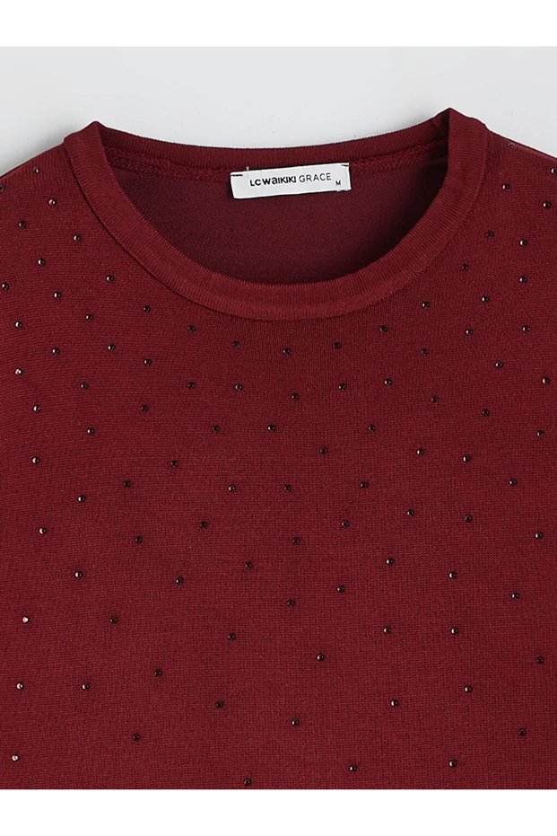 Crew Neck Women's Knitwear Sweater with Stones
