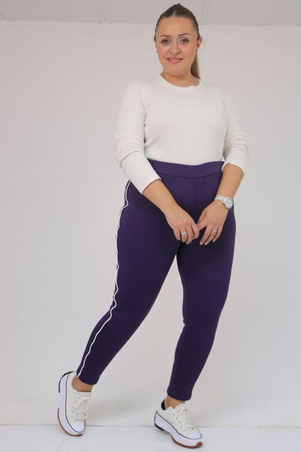 59504 Plus Size Piped Inside She Fleece-Lined Leggings - Purple