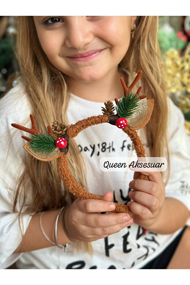 New Year Christmas Deer Elk Antler Plush Crown Brown Pinecone Pine Fancy Standard - 3