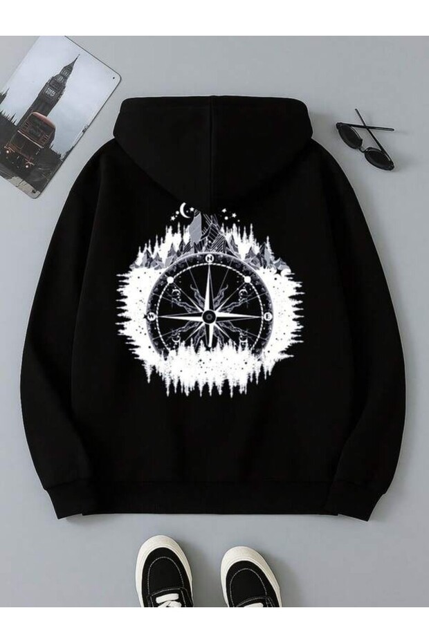 Compass & Mountain Landscape Printed Unisex Oversized Hoodie