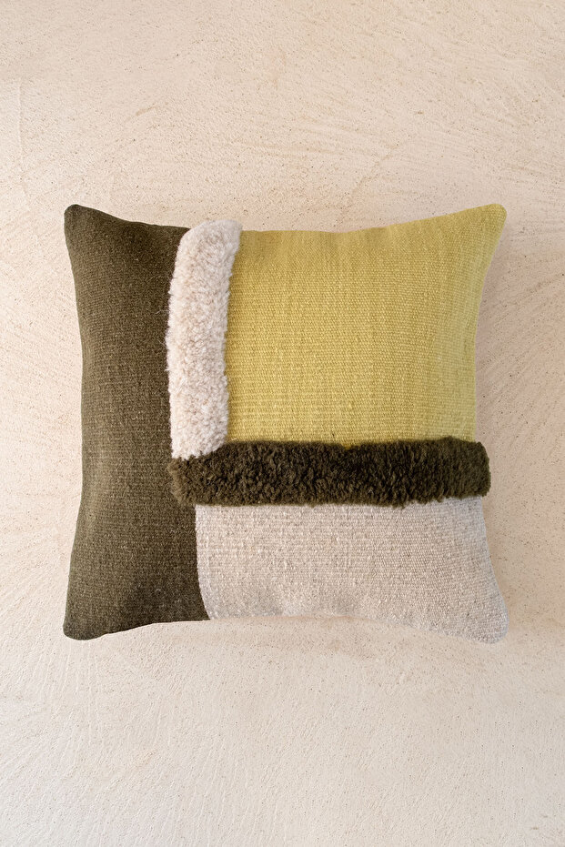 Handmade Wool Throw Pillow Cover with Block Tufting Detail Green 45X45