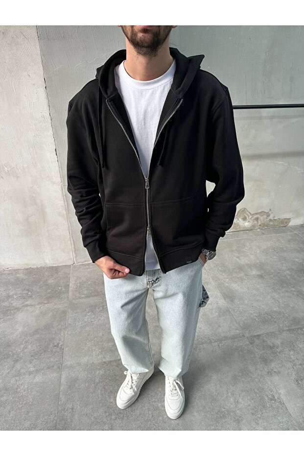 Black Basic Double Zip Oversized Zip Hoodie - 1