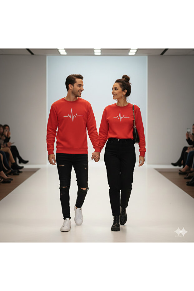 Liyadaco Unisex Red Dear Couple Combination Nabiz Printed Oversized Sweatshirt - New Year's Gift