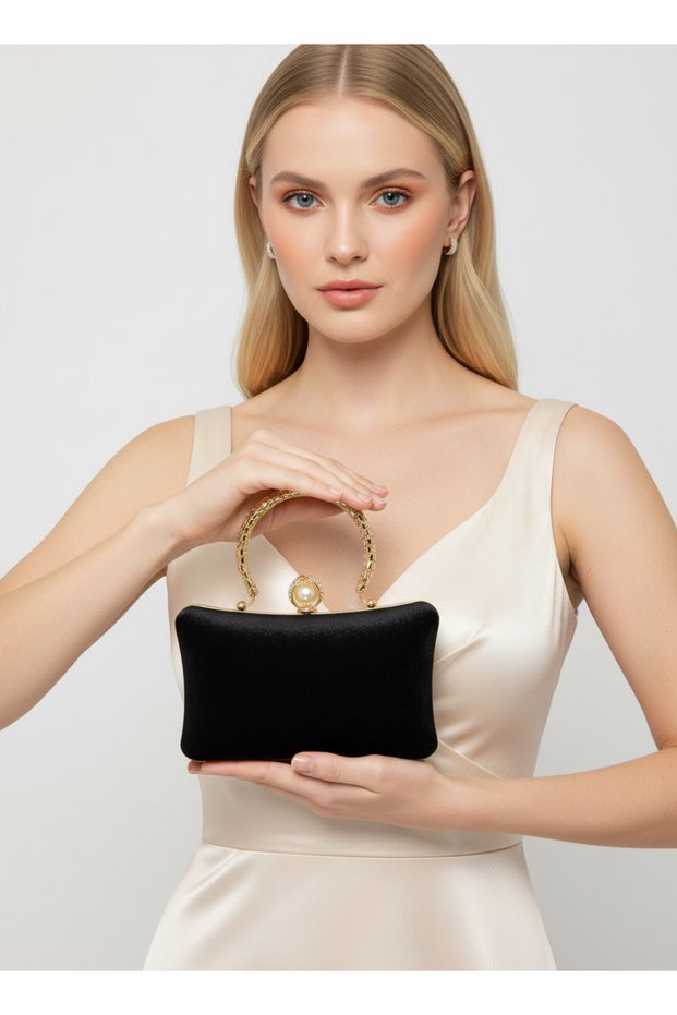 Black Gold Pearl and Crystal Embroidered Glitter Satin Evening Dress Bag Wedding Engagement Graduation