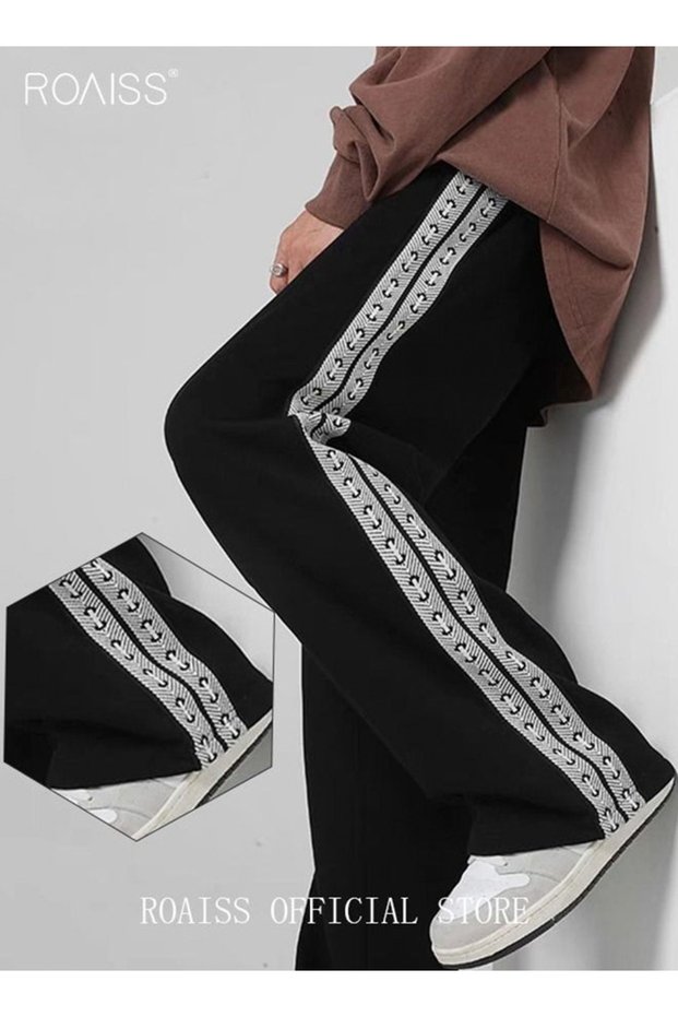 Student Sweatpants Side Ribbon Knit Straight and Loose Fit Casual Pants