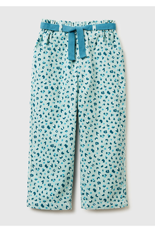 Girl's Mint Green All-Over Patterned Velvet Pants with Adjustable Waist and Drawstring