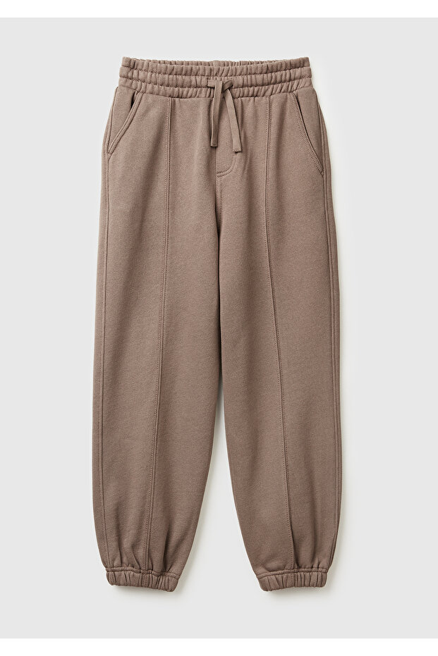 Boy's Khaki Brown Logo Jogger Sweatpants with Drawstring and Stitching Detail