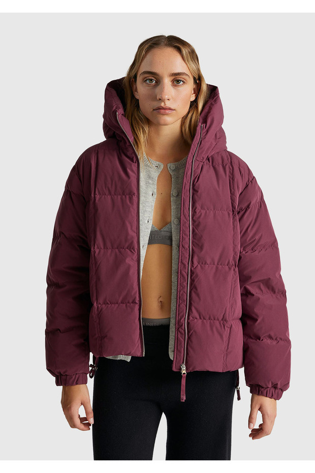 Women's Plum down Hooded Zippered Inflatable Coat with Elastic Sleeves