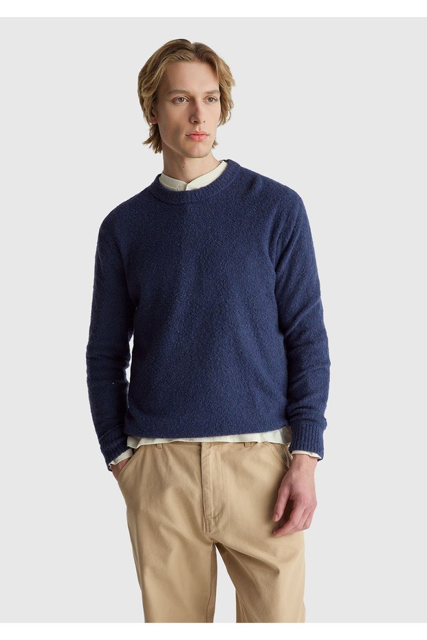 Men's denim blue cotton and wool blend ribbed detailed crew neck sweater