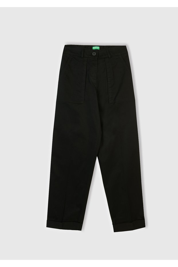 Women's black cotton blend cropped pants with front seam detail