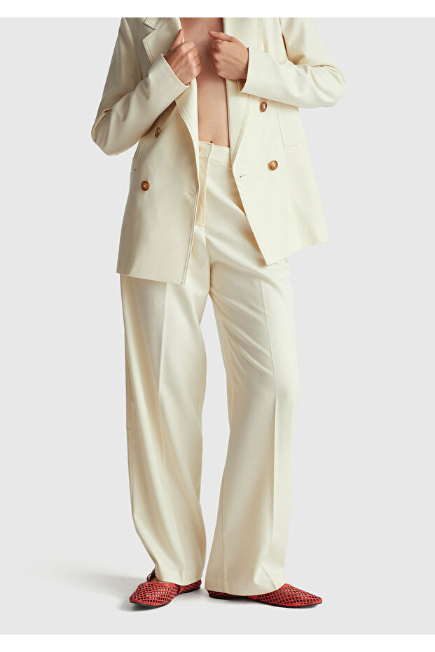 Women's Ecru Viscose and Wool Blend Hidden Button Wide Leg Trousers