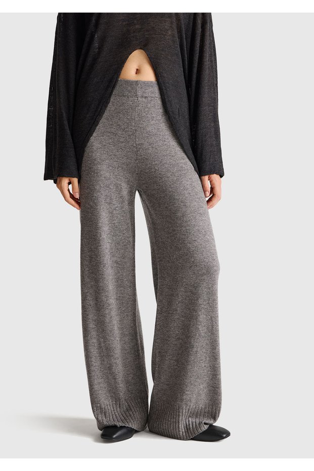 Women's Anthracite Melange Wool and Cashmere Blend Ribbed Detailed Knitwear Pants