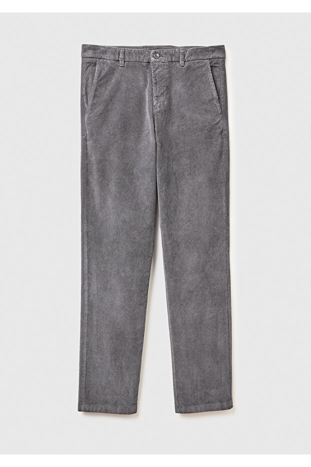 Men's grey cotton blend slim fit velvet trousers with Piped back pockets
