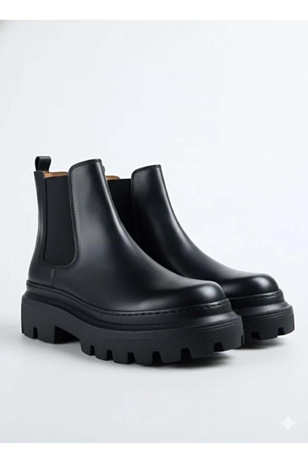 Men's black genuine leather thick sole chelsea boots - granite