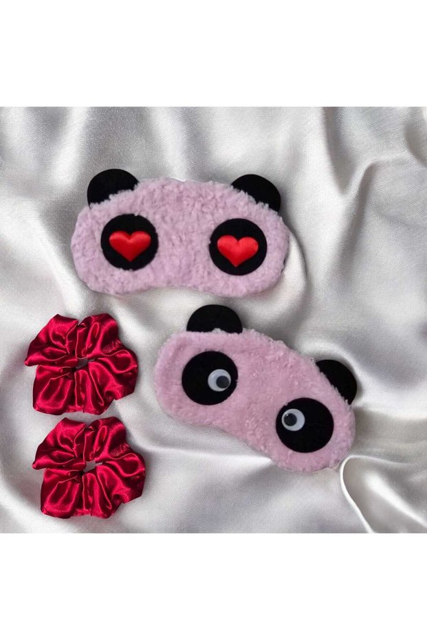 2-Piece Pink Plush Panda Sleep Headband and Red Satin Buckle, Travel Headband, Eye Mask, Yoga