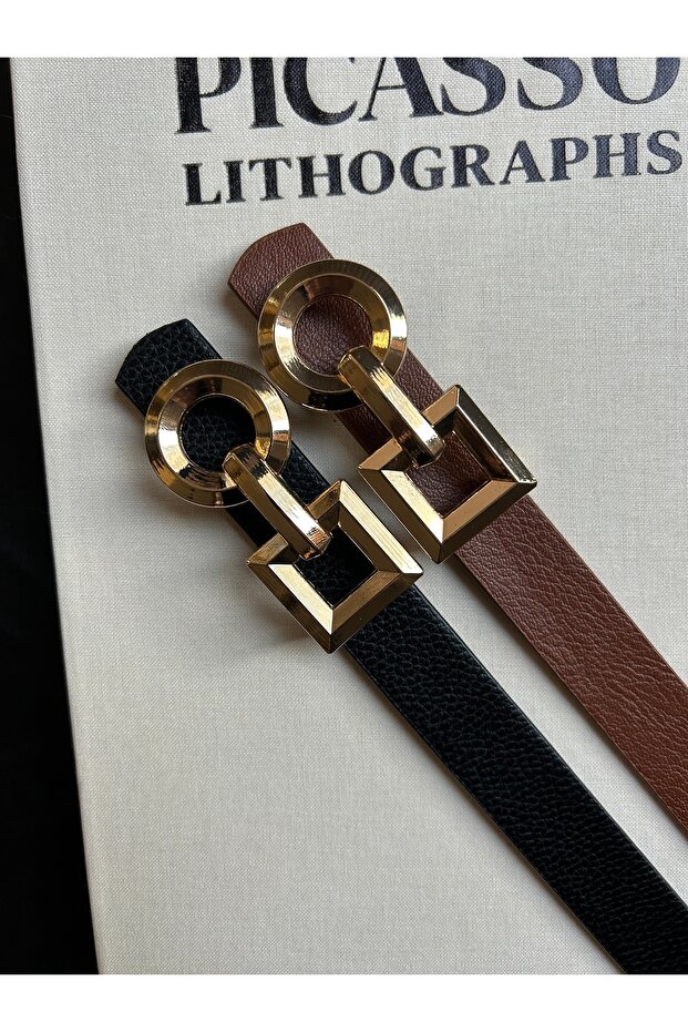 2-Piece Spire Interlocking Ring Pattern Women's Gold Buckle Belt Jacket Belt Dress Belt Trouser Belt