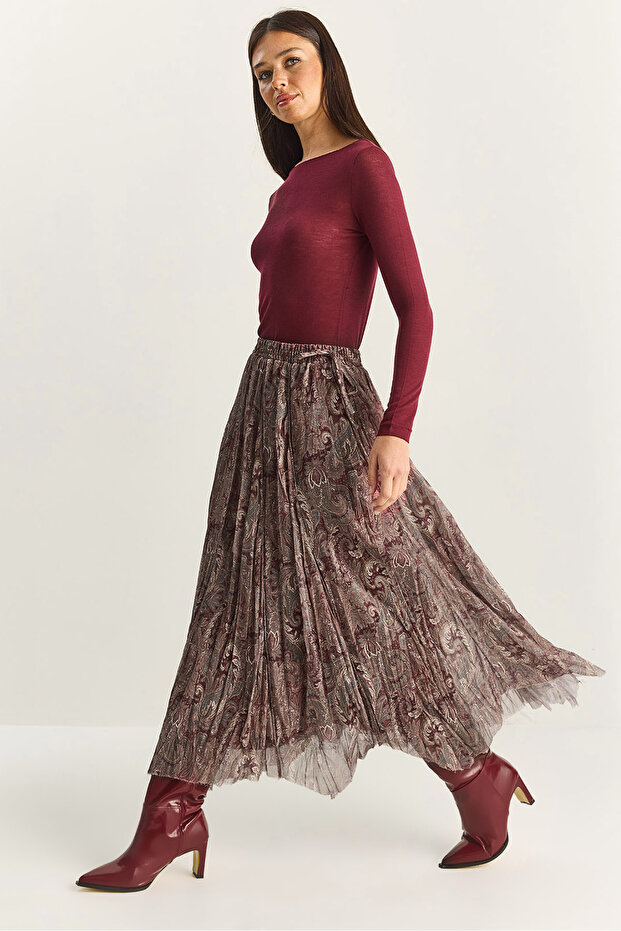 Women's Burgundy Shawl Patterned Asymmetrical Cut Lined Chiffon Bohemian Skirt De251102 60283881