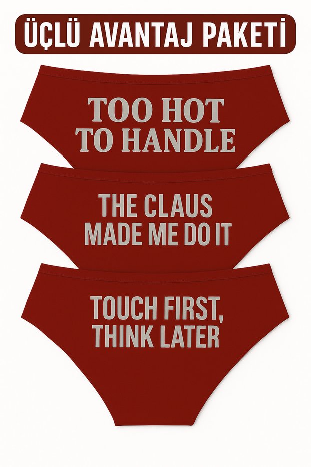 Pack of 3 Red Christmas Themed Women's Slip Panties, Metallic Lettering Printed , Fun Underwear