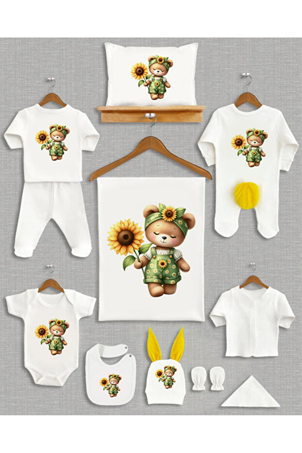 11 Piece Cute Teddy Bear with Pompoms and Ears Printed Newborn Hospital Release Set 100% Cotton