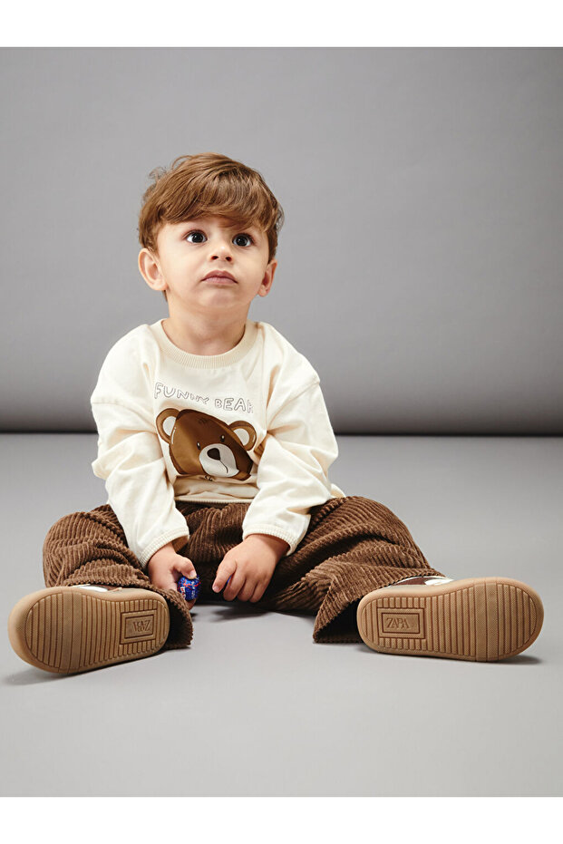 Baby Beige Crew Neck Baby Boy Sweatshirt and Pants 2-Piece Set