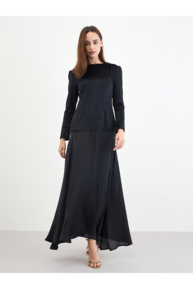 Black Velvet Look A-Line Maxi Dress
