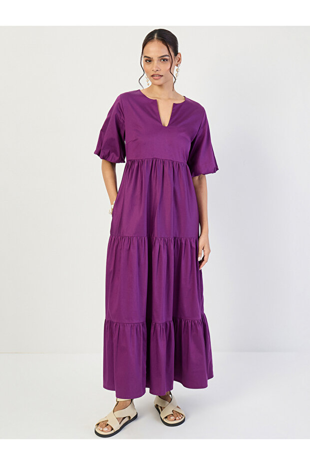 Purple Cotton Puff Sleeve Tiered Maxi Dress