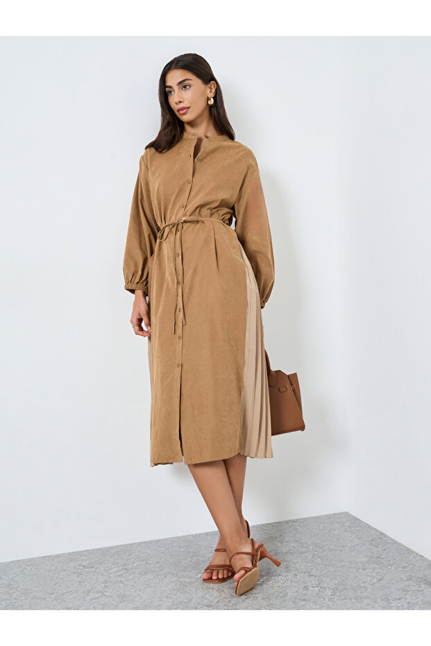 Khaki Balloon Sleeve Buttoned Midi Dress